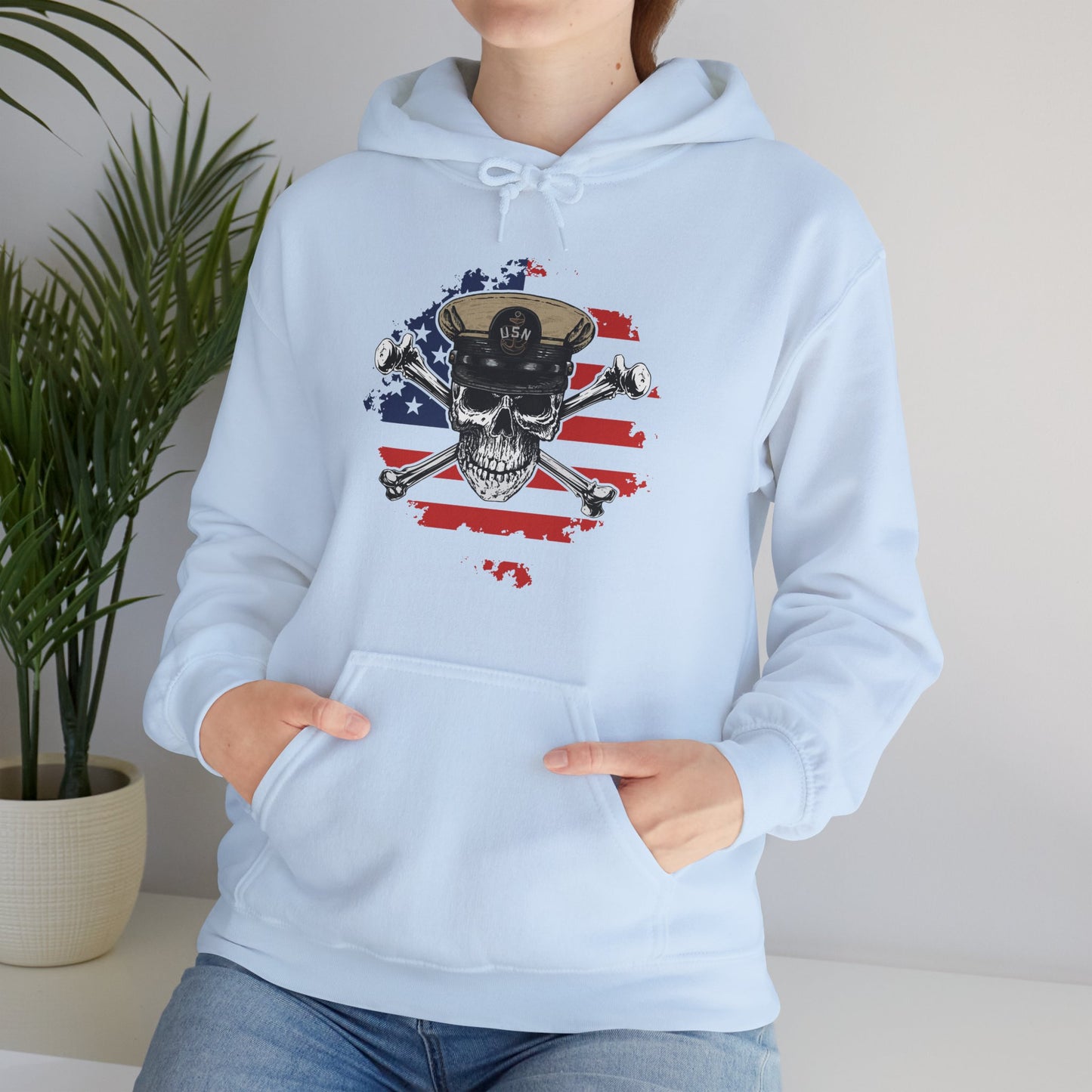 Navy Chief Skull & Crossbones on Distressed American Flag Unisex Heavy Blend™ Hooded Sweatshirt