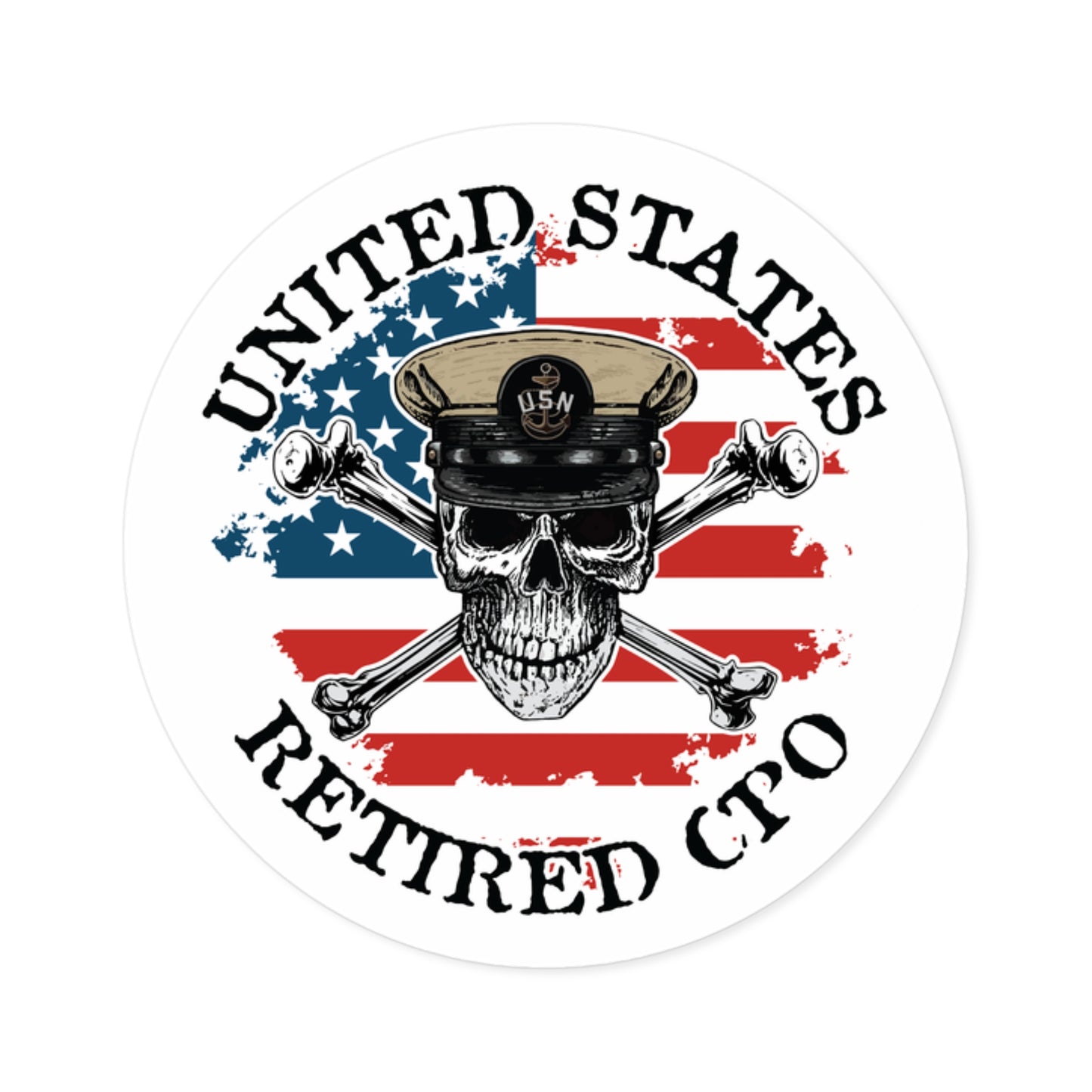 United States Retired CPO Skull Crossbones Chief Petty Officer with Distressed American Flag Round Sticker