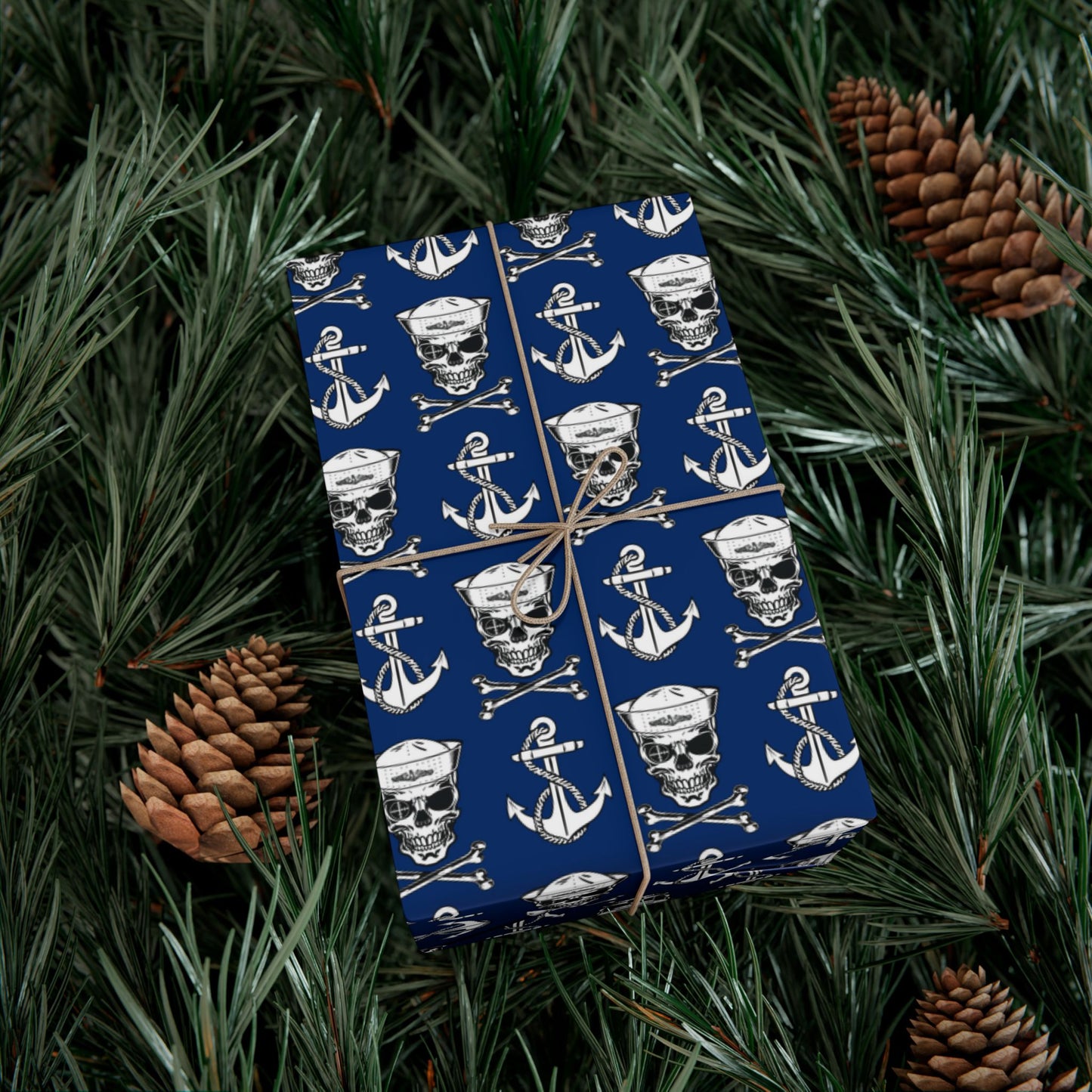 US Navy Submarine Force Sailor Skull Crossbones Wearing Dolphins with Anchors Blue Gift Wrap Papers