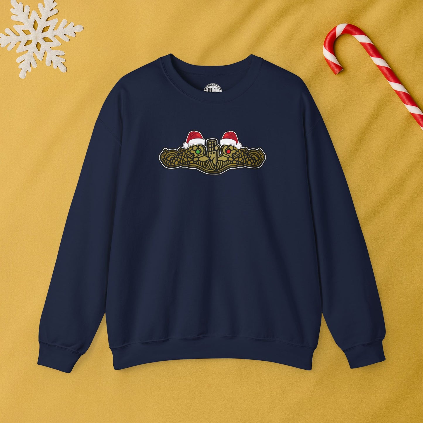 United States Submarine Force Gold Dolphins Christmas Santa Hats with Red and Green Eyes Unisex Heavy Blend™ Crewneck Sweatshirt