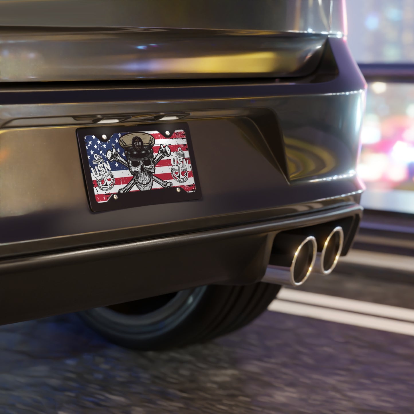 US Navy Chief Skull & Crossbones on American Flag Vanity License Plate