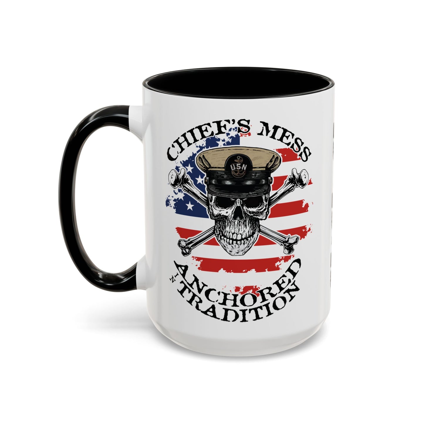 US Navy Chief's Mess Anchored Tradition CPO Sailor Skull with Distressed USA Flag Accent Coffee Mugs