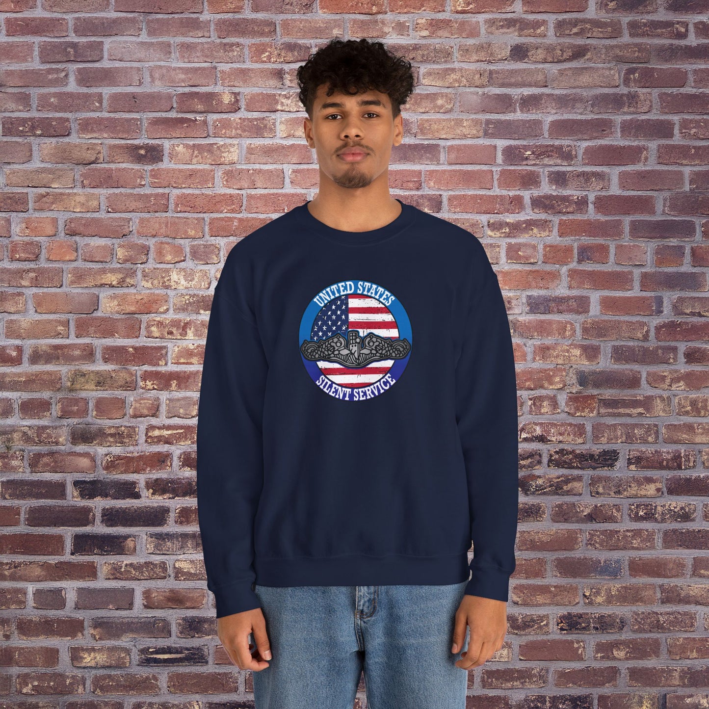 United States Silent Service Submarine Force Silver Dolphins on Distressed American Flag Unisex Heavy Blend™ Crewneck Sweatshirt