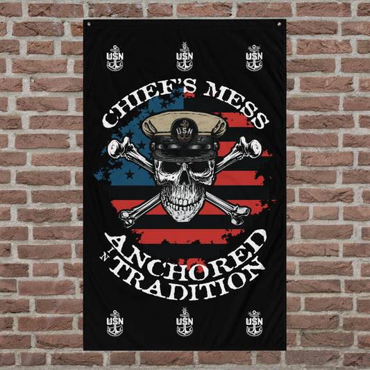 US Navy Chief's Mess Anchored Tradition CPO Skull Crossbones Sailor Distressed USA Flag Mk2 on Black Flag