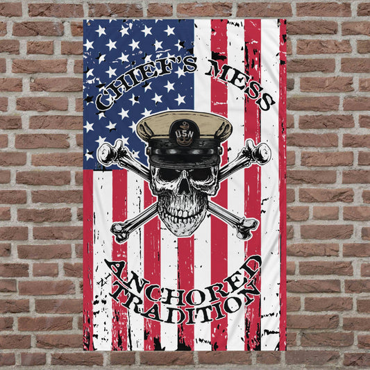 US Navy Chief's Mess Anchored Tradition CPO Skull Crossbones Sailor Distressed USA Flag