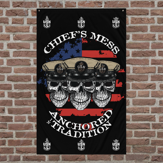 US Navy Chief's Mess Anchored Tradition CPO Skulls Crossbones Sailor Distressed USA Flag Mk2 on Black Flag