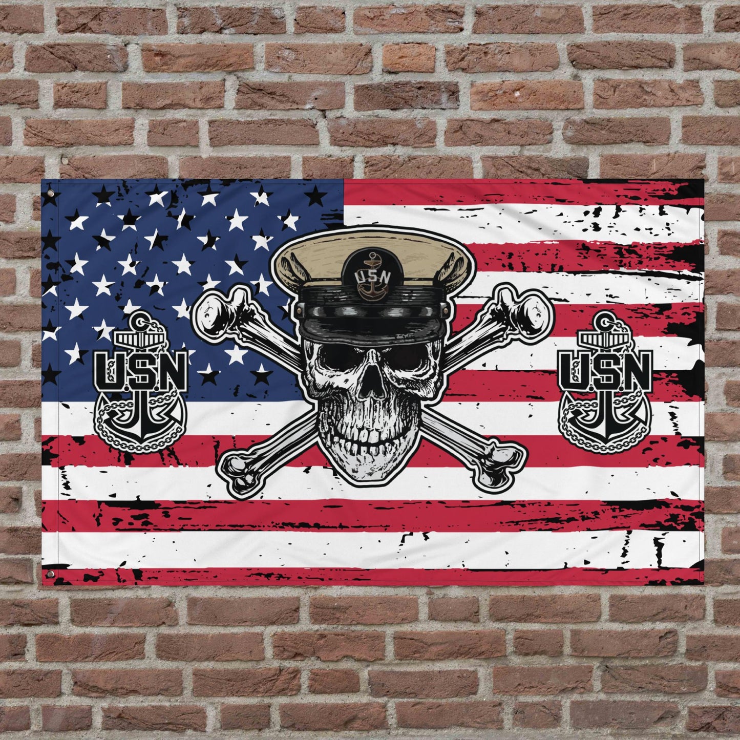 US Navy CPO Skull & Crossbones with Anchors Distressed USA Flag
