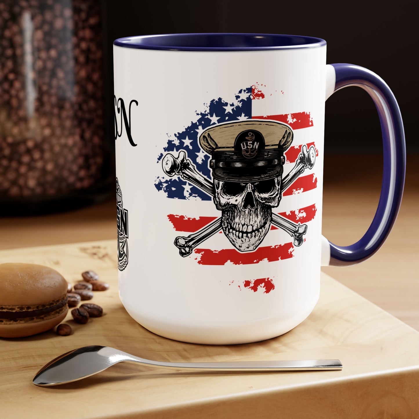 US Navy Chief Skull & Crossbones on American Flag CPO Anchor Accent Coffee Mugs
