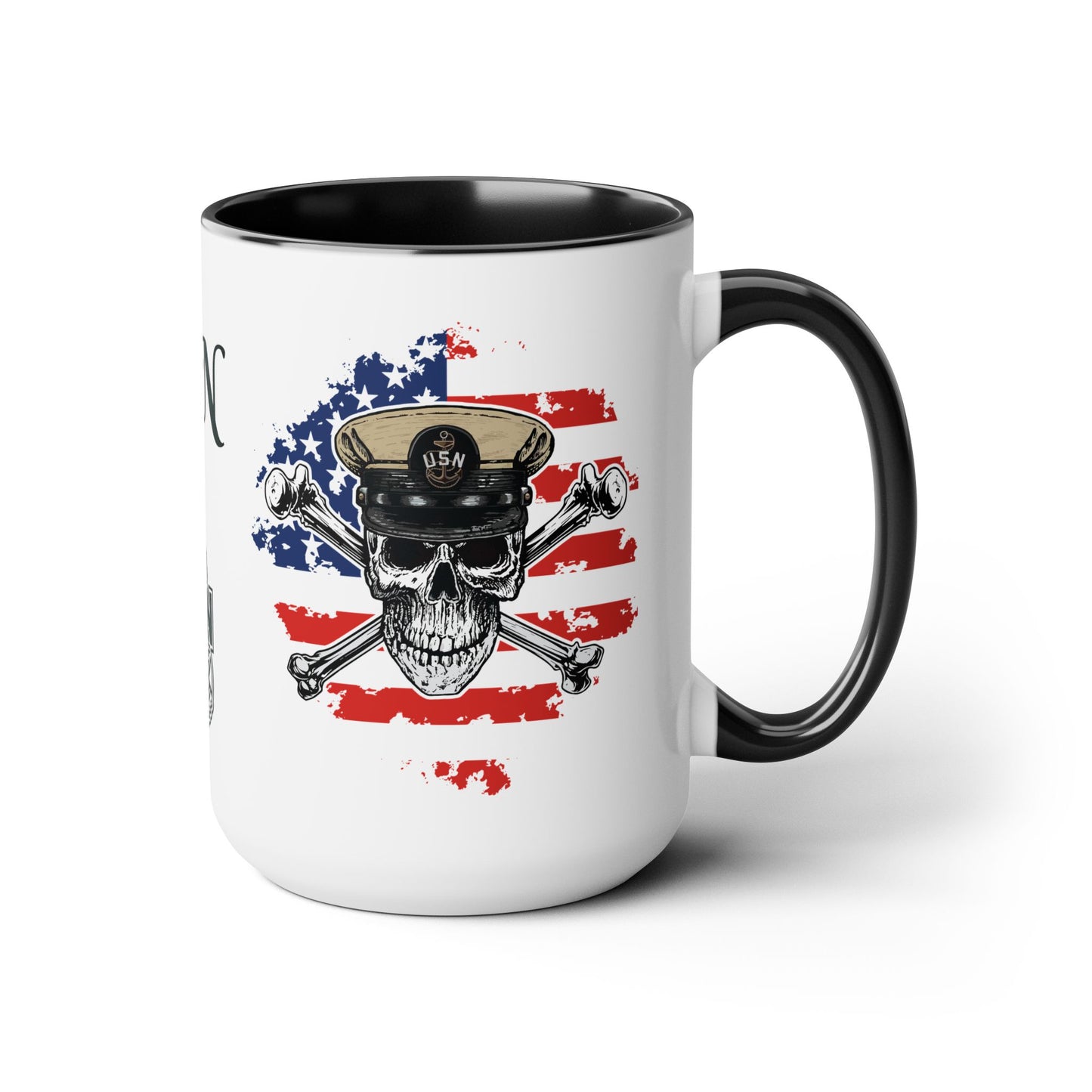 US Navy Chief Skull & Crossbones on American Flag CPO Anchor Accent Coffee Mugs