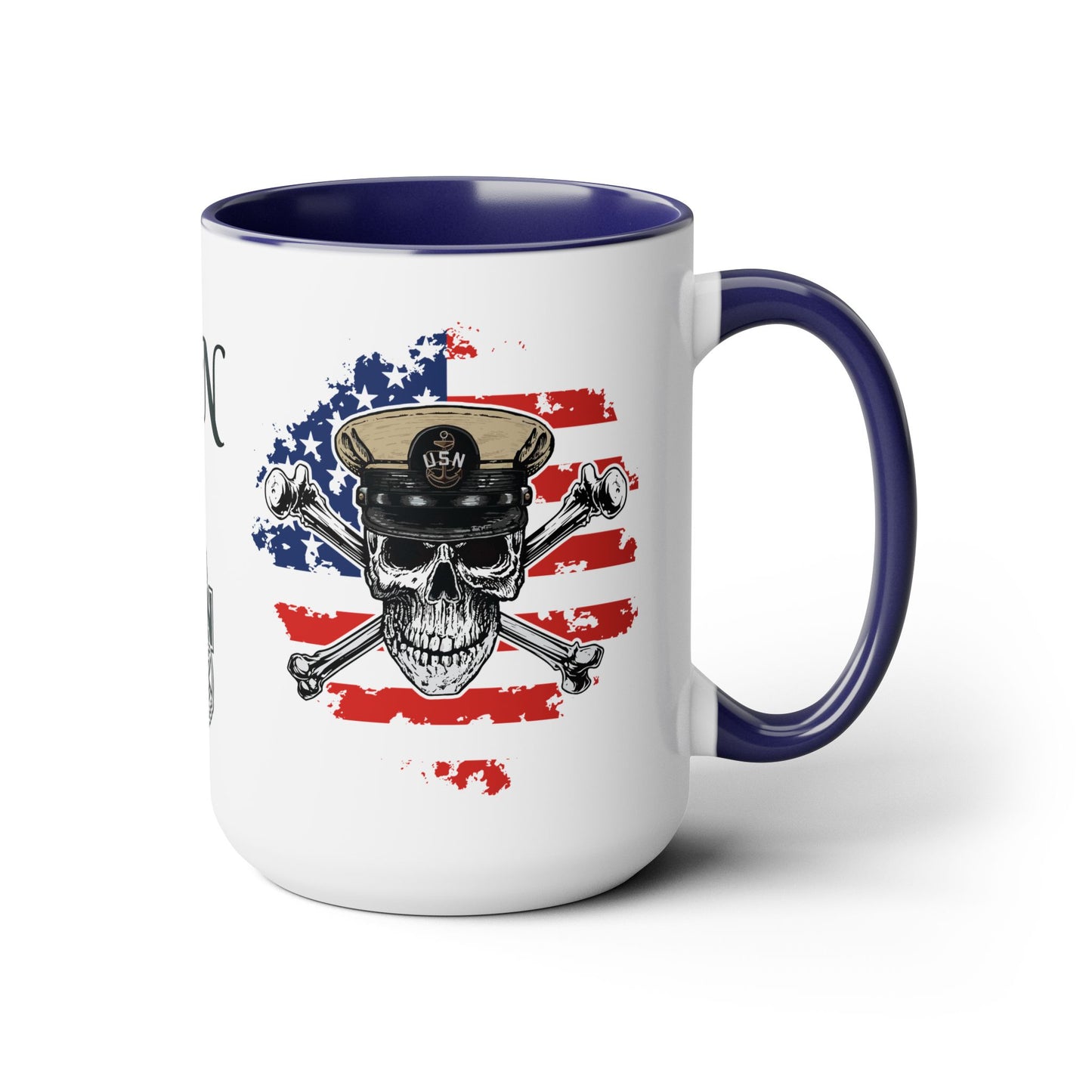 US Navy Chief Skull & Crossbones on American Flag CPO Anchor Accent Coffee Mugs