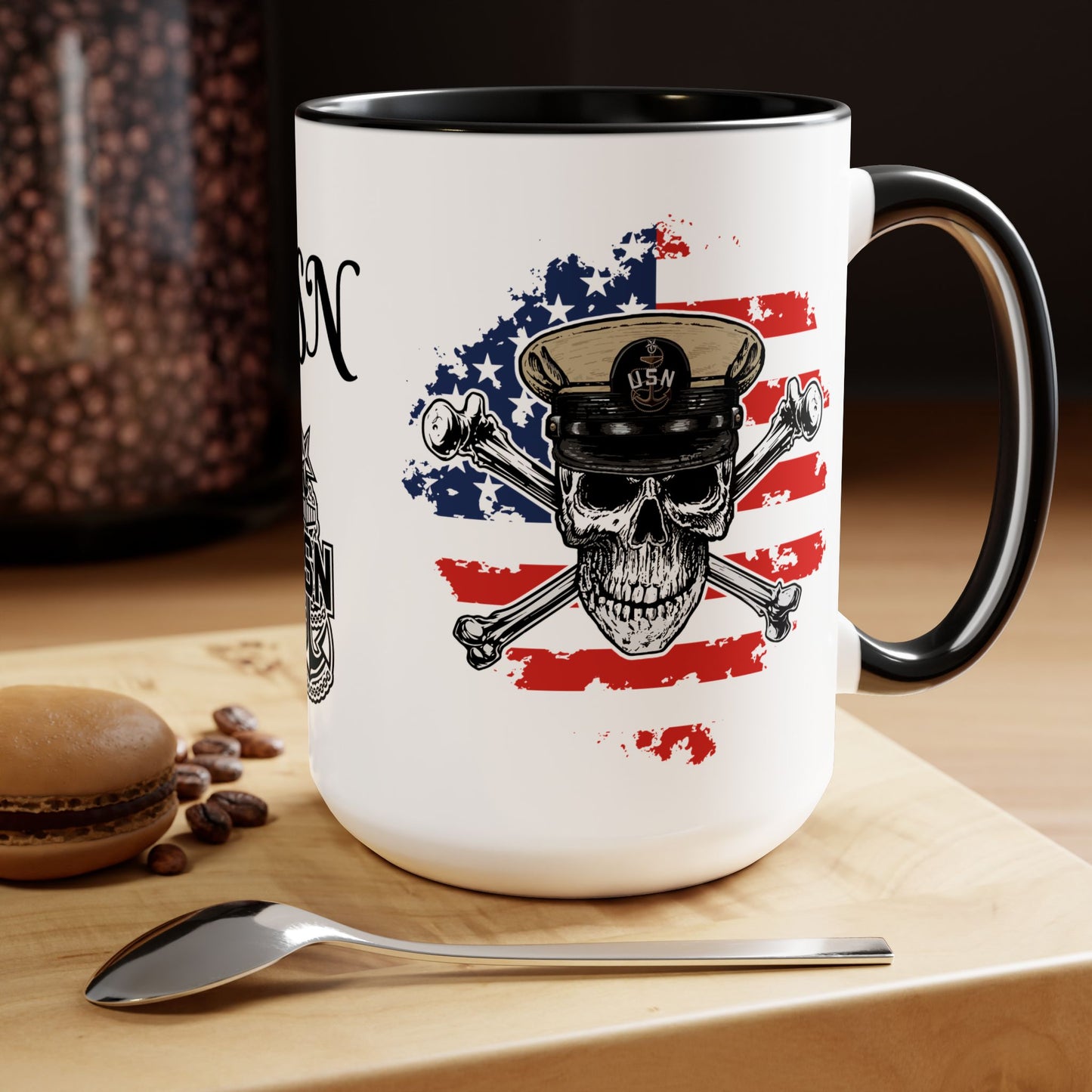 US Navy Senior Chief Skull & Crossbones on American Flag SCPO Anchor Accent Coffee Mugs