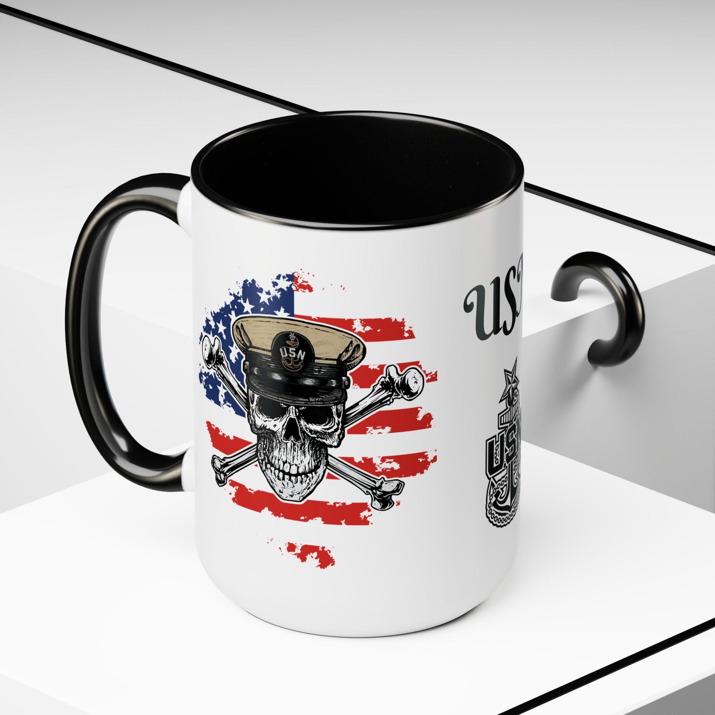 US Navy Senior Chief Skull & Crossbones on American Flag SCPO Anchor Accent Coffee Mugs