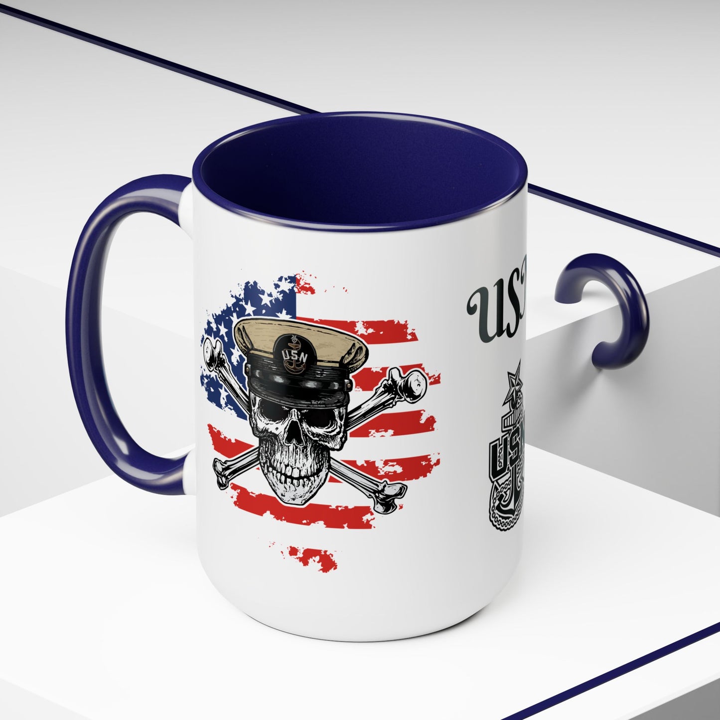 US Navy Senior Chief Skull & Crossbones on American Flag SCPO Anchor Accent Coffee Mugs