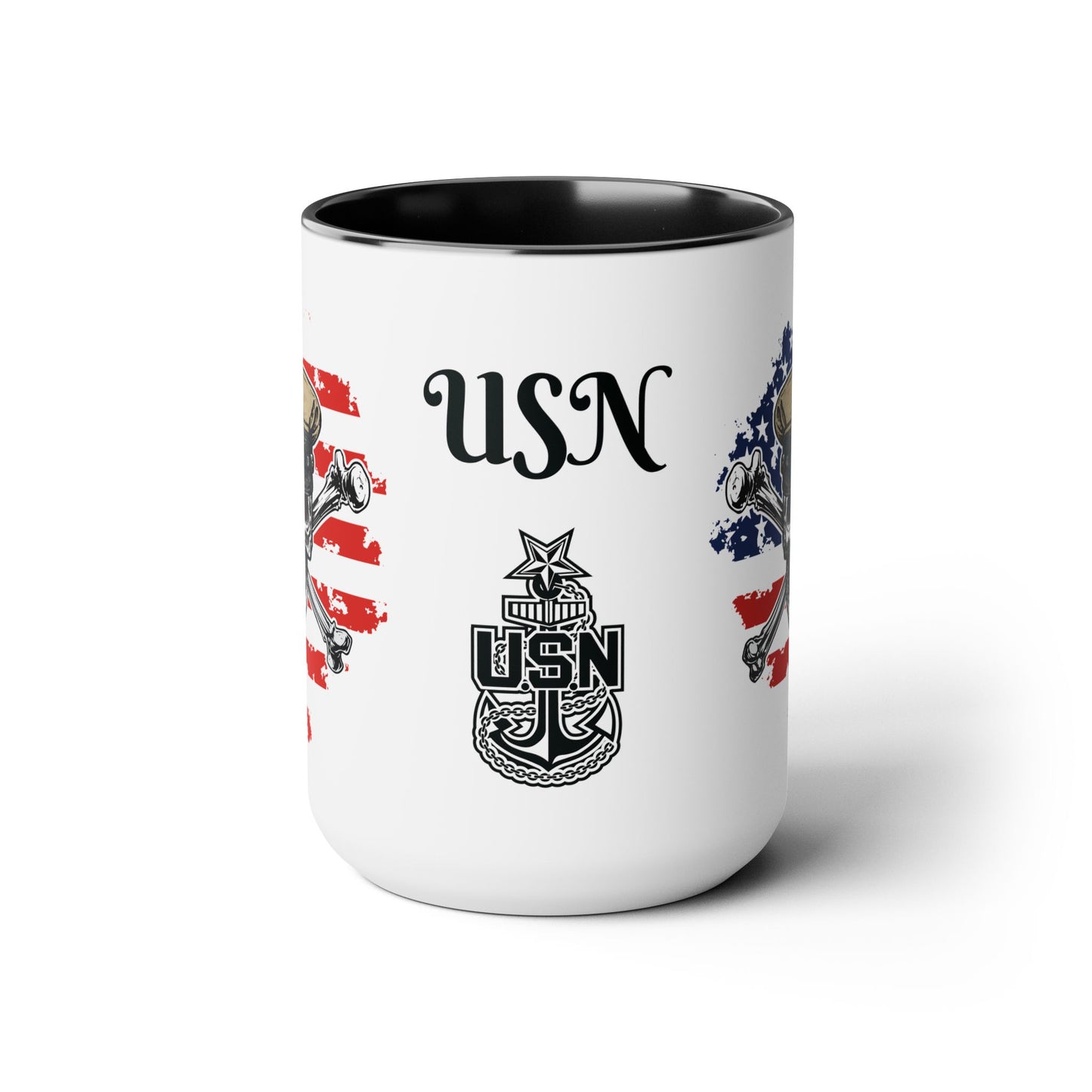 US Navy Senior Chief Skull & Crossbones on American Flag SCPO Anchor Accent Coffee Mugs