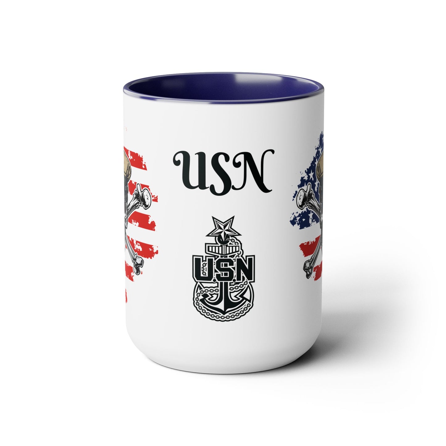 US Navy Senior Chief Skull & Crossbones on American Flag SCPO Anchor Accent Coffee Mugs
