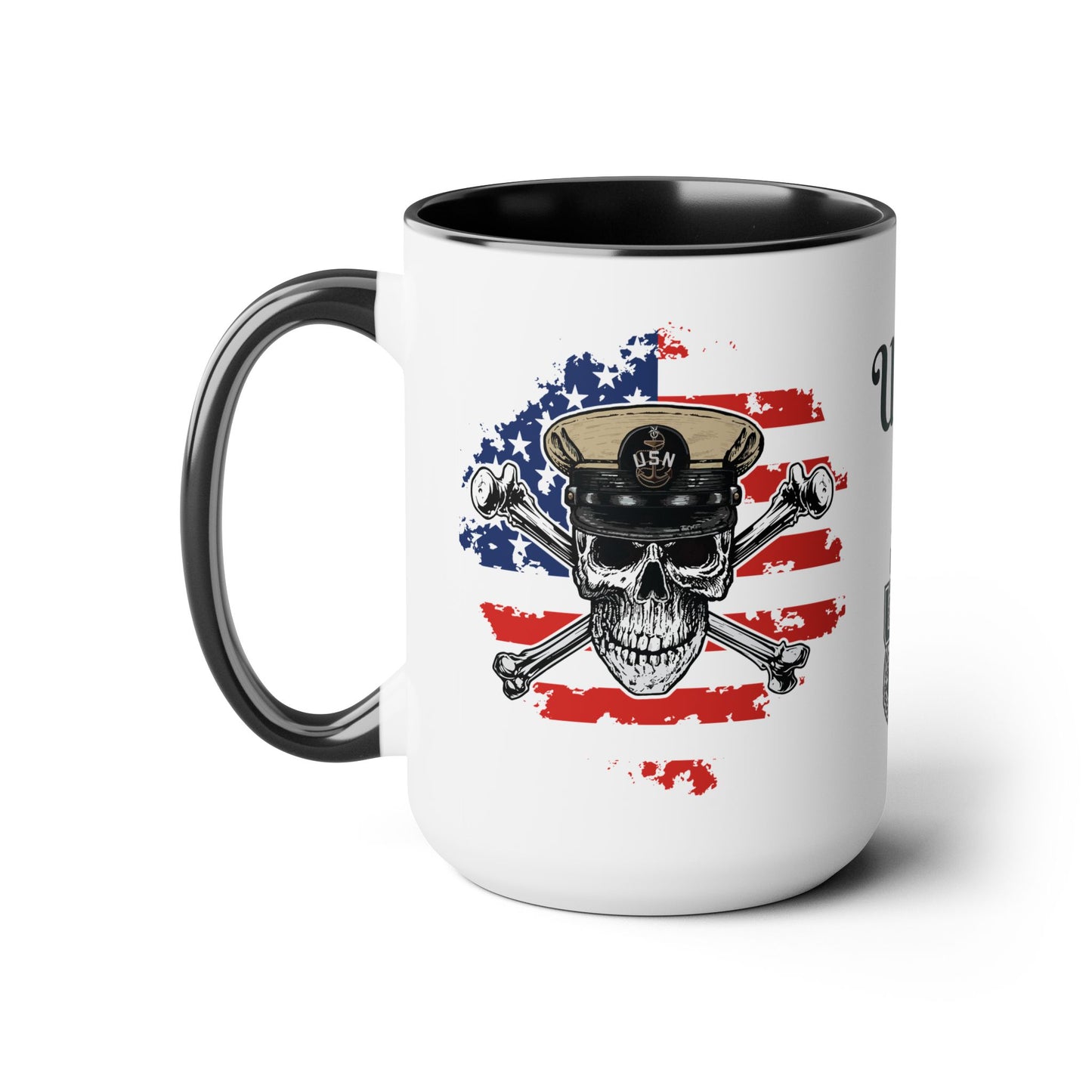 US Navy Senior Chief Skull & Crossbones on American Flag SCPO Anchor Accent Coffee Mugs