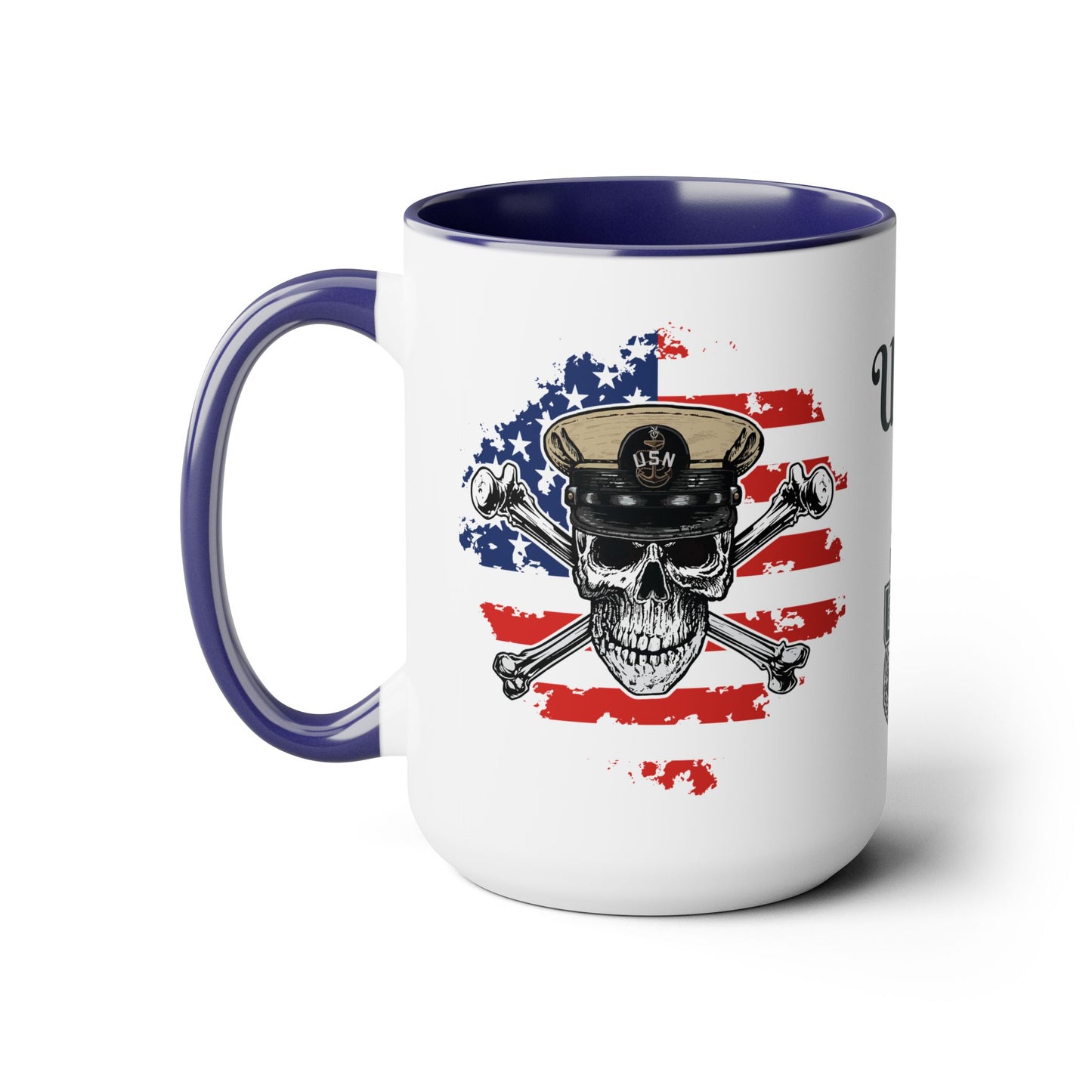 US Navy Senior Chief Skull & Crossbones on American Flag SCPO Anchor Accent Coffee Mugs