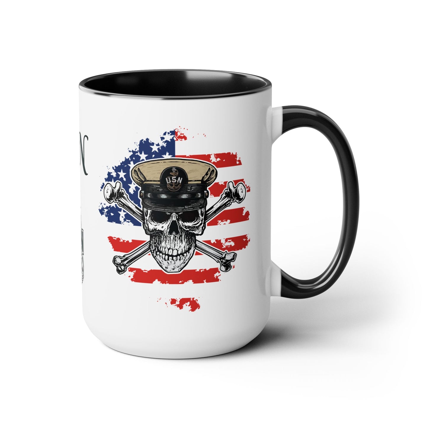 US Navy Senior Chief Skull & Crossbones on American Flag SCPO Anchor Accent Coffee Mugs