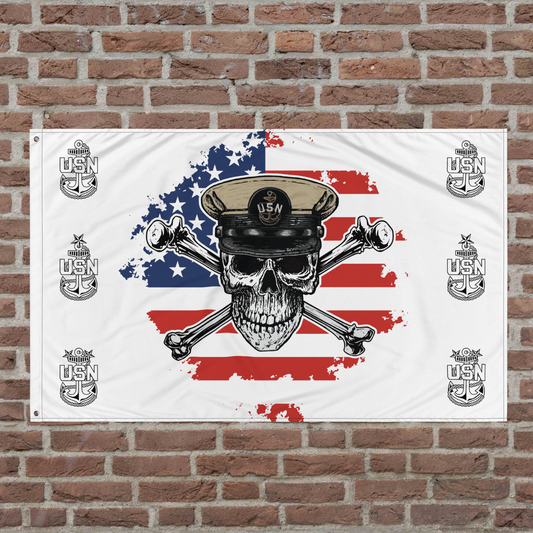 US Navy Chief Skull & Crossbones on American Flag Mk1 White Flag
