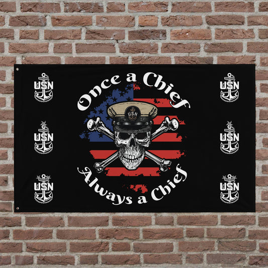 US Navy Once a Chief Always a Chief Skull & Crossbones American Flag Mk1 on Black Flag