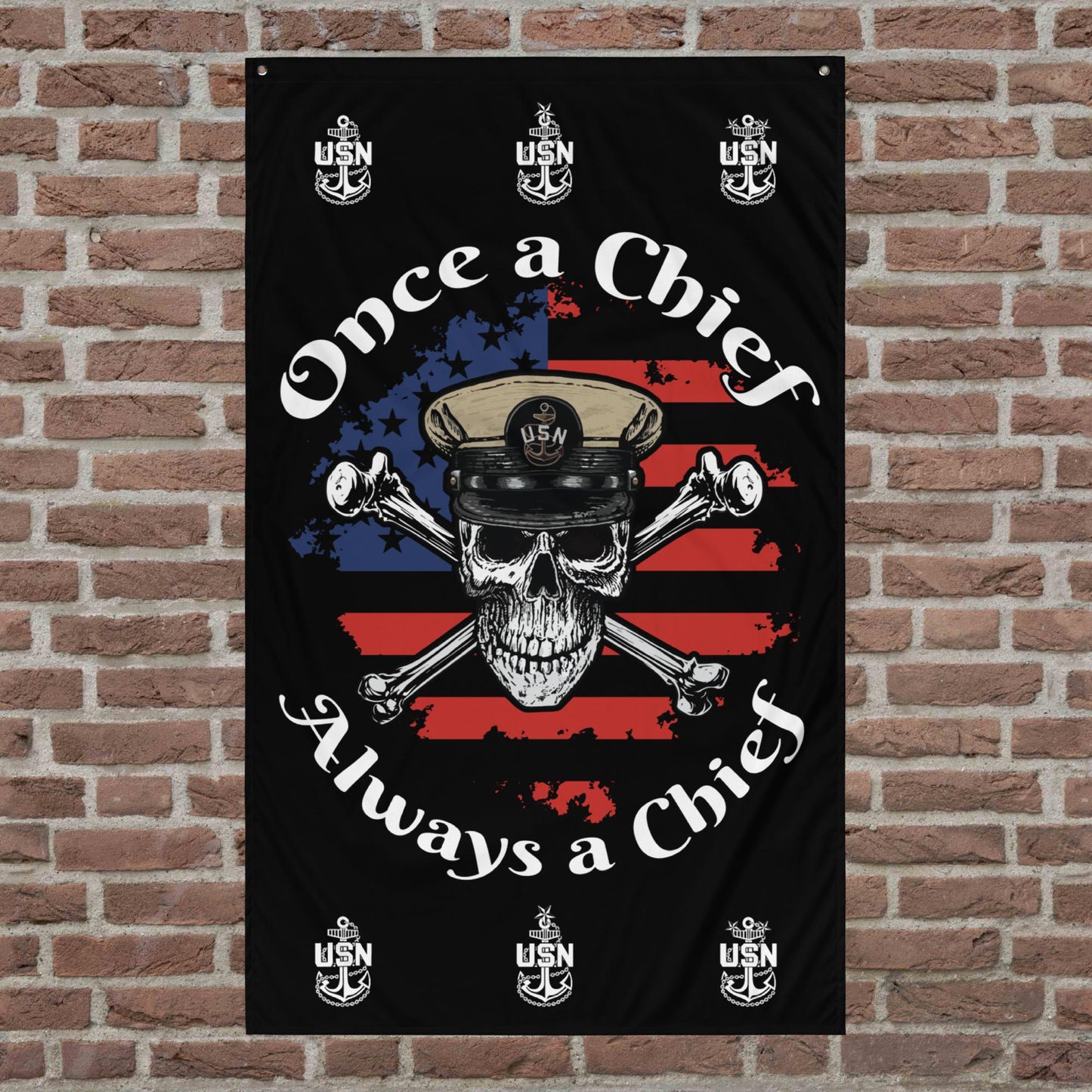 US Navy Once a Chief Always a Chief Skull & Crossbones American Flag Mk2 on Black Flag