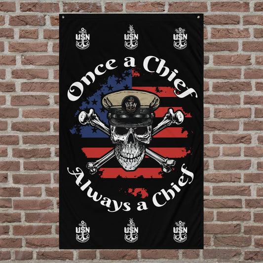 US Navy Once a Chief Always a Chief Skull & Crossbones American Flag Mk2 on Black Flag