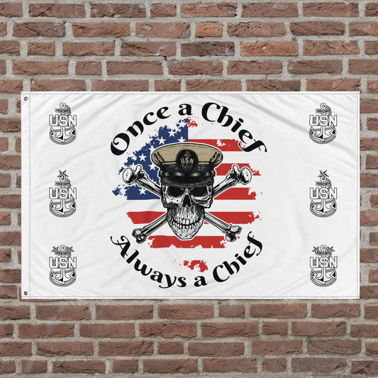US Navy Once a Chief Always a Chief Skull & Crossbones American Flag Mk1 on White Flag