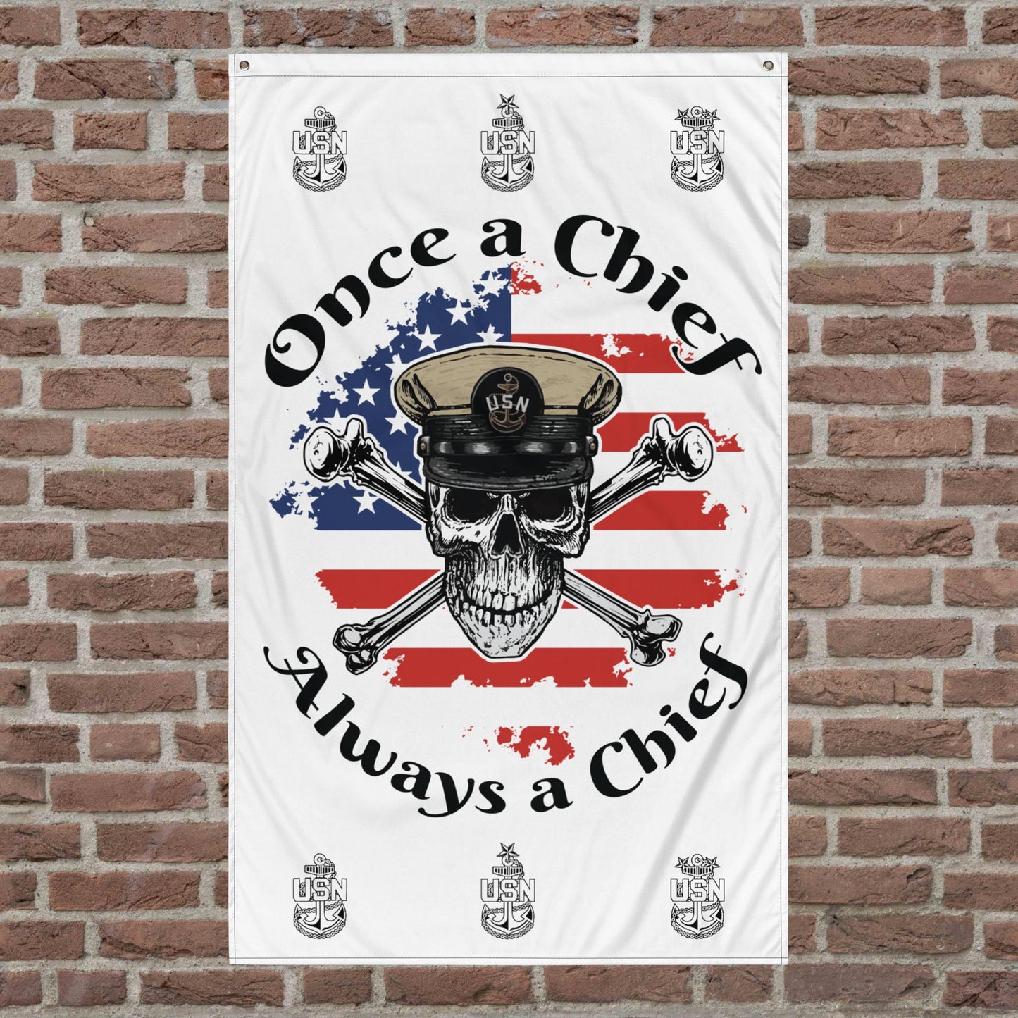 US Navy Once a Chief Always a Chief Skull & Crossbones American Flag Mk2 on White Flag