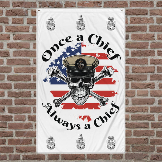 US Navy Once a Chief Always a Chief Skull & Crossbones American Flag Mk2 on White Flag