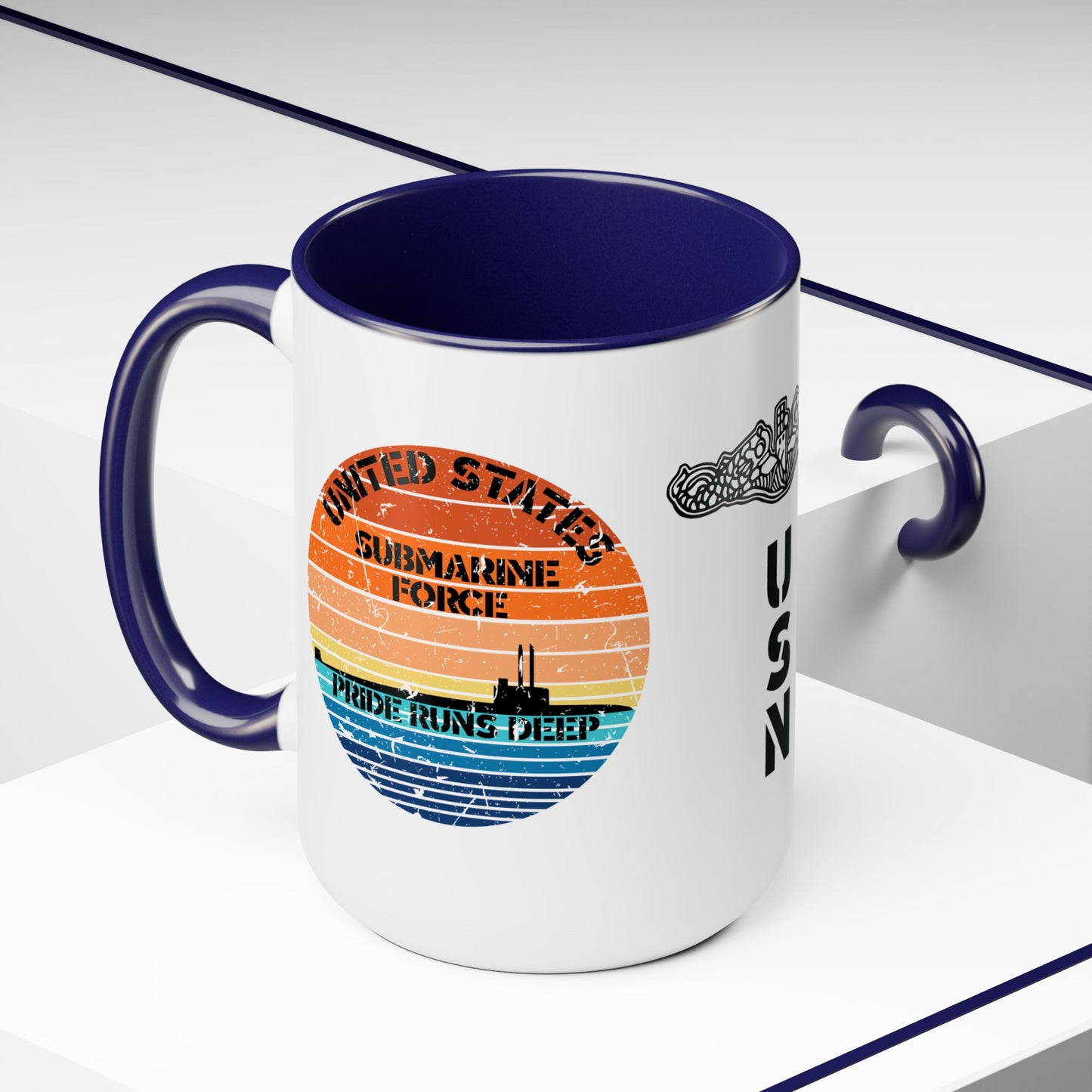 Sunset United States Navy Submarine Force Pride Runs Deep Distressed Accent Coffee Mugs