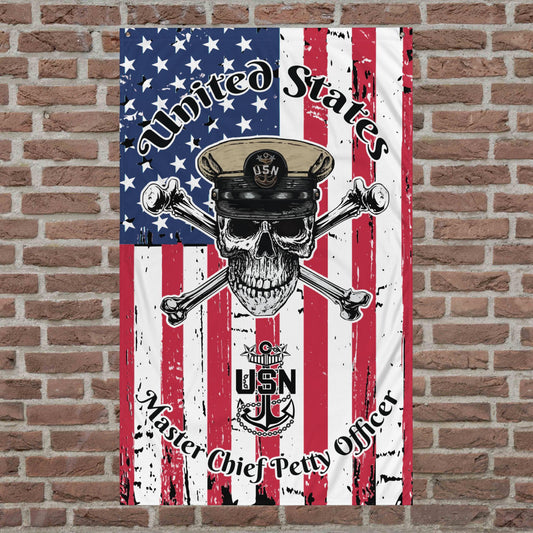 United States Navy Master Chief Petty Officer Skull Crossbones Distressed American Flag