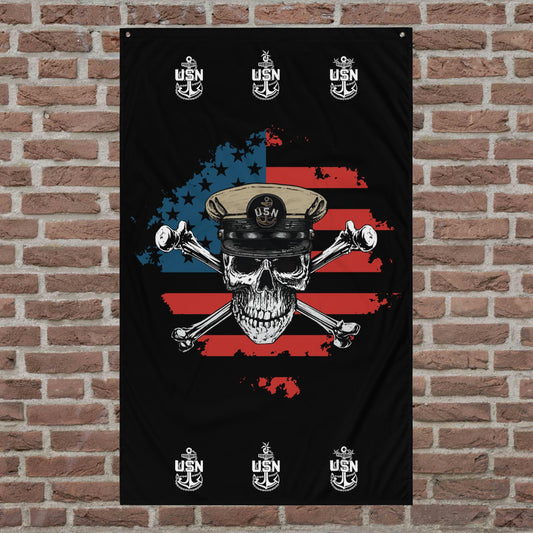 US Navy Chief Skull & Crossbones on American Flag Mk2 Black Flag
