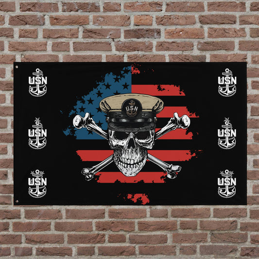 US Navy Chief Skull & Crossbones on American Flag Mk1 Black Flag