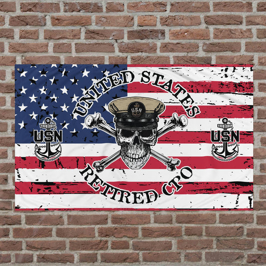 US Navy Retired CPO Chief Skull Crossbones Distressed American Flag