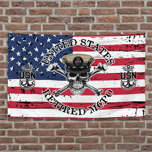 US Navy Retired MCPO Chief Skull Crossbones Distressed American Flag