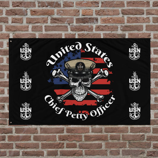 United States Navy Chief Petty Officer Skull & Crossbones on American Flag Mk1 Black Flag