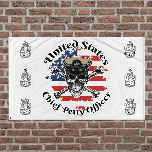 United States Navy Chief Petty Officer Skull & Crossbones on American Flag Mk1 White Flag