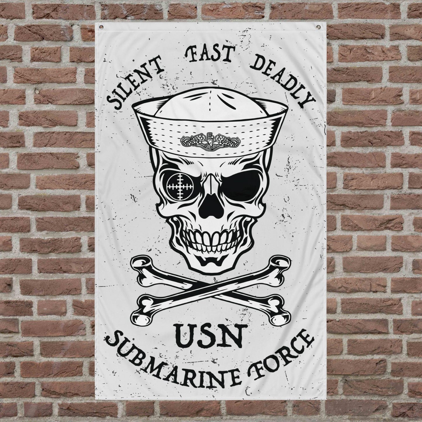 US Navy Submarine Force Silent Fast Deadly Skull Crossbones Sailor Distressed White Flag