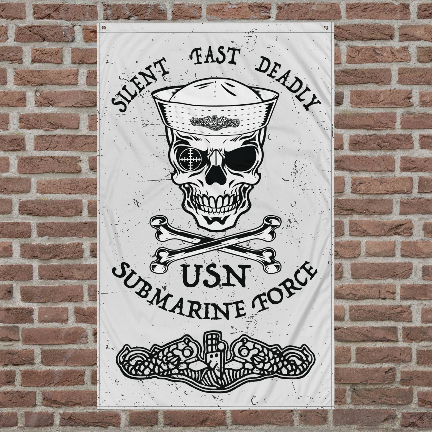 US Navy Submarine Force Dolphins Silent Fast Deadly Skull Crossbones Sailor Distressed White Flag