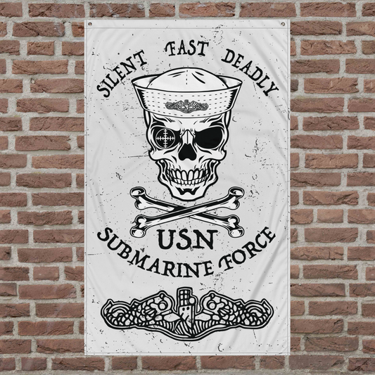 US Navy Submarine Force Dolphins Silent Fast Deadly Skull Crossbones Sailor Distressed White Flag
