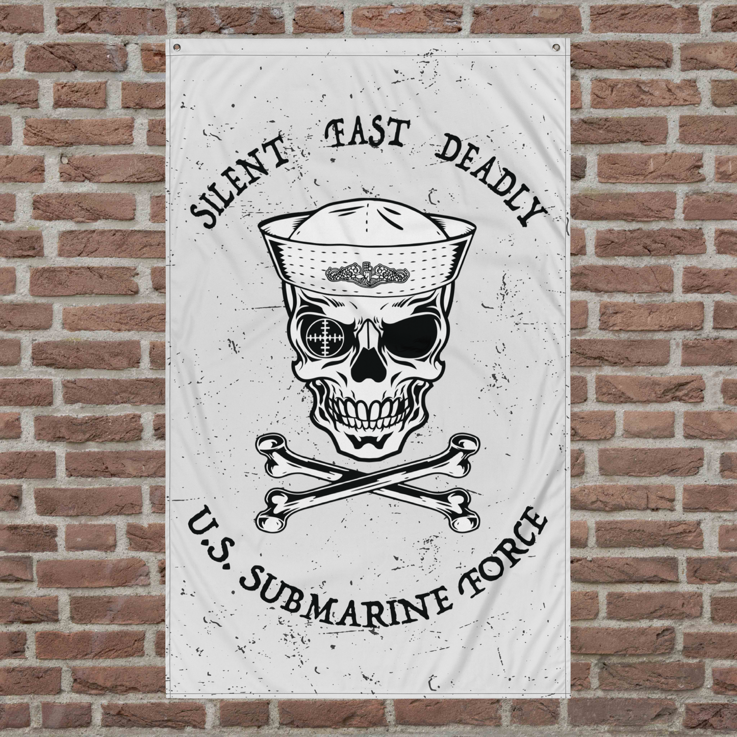 US Submarine Force Silent Fast Deadly Navy Sailor Skull & Crossbones Distressed White Flag