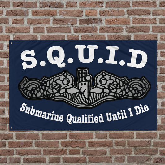 United States Navy S.Q.U.I.D. Submarine Qualified Until I Die Silver Dolphins Distressed Blue Flag